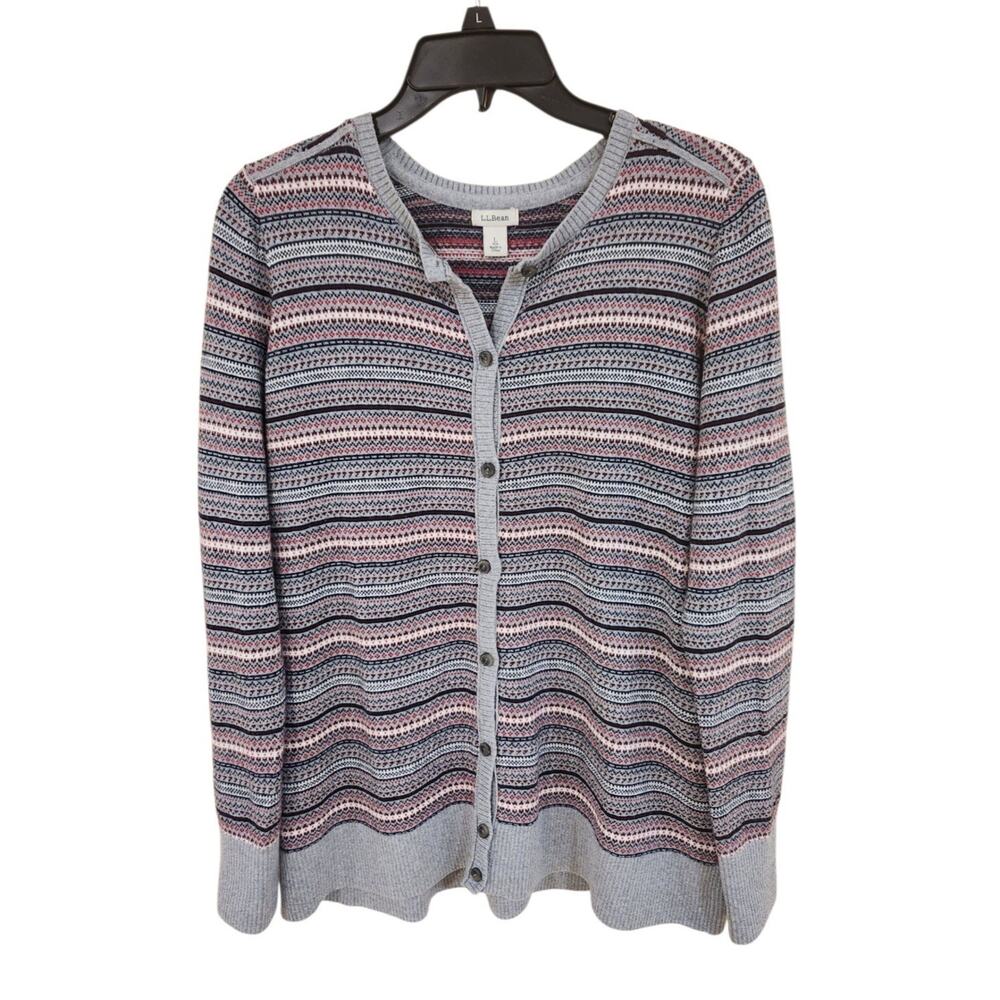 L.L. Bean Cardigan Sweater Women's Large Cotton Cashmere Blend Gray Fair Isle